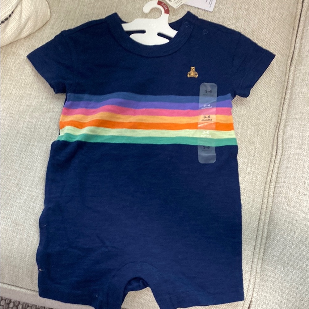 Navy Baby Romper with Rainbow Stripes